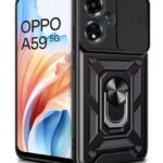 kelpuj Tough Armor Bumper Mobile Back Case for Oppo A59 5G | Sliding Camera Shield Cover | Shock Proof 360? Protection | Hybrid PC + TPU | Ring Holder with Kickstand  Black