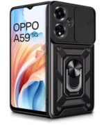 kelpuj Tough Armor Bumper Mobile Back Case for Oppo A59 5G | Sliding Camera Shield Cover | Shock Proof 360? Protection | Hybrid PC + TPU | Ring Holder with Kickstand  Black