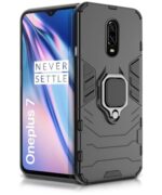Shock Proof Back Case Mobile Cover for Oneplus 7 | 6T (Armor | Hybrid PC + TPU | Full Protection with Ring Holder Kickstand | Carbon Black)
