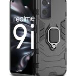 Shock Proof Back Case Mobile Cover for Realme 9I 4G | Back Cover Case (Tough Armor | Hybrid PC + TPU | Ring Holder & in-Built Kickstand | Black)