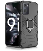 Shock Proof Back Case Mobile Cover for Realme 9I 4G | Back Cover Case (Tough Armor | Hybrid PC + TPU | Ring Holder & in-Built Kickstand | Black)