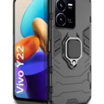 Shock Proof Back Case Mobile Cover for Vivo Y22 | Back Cover Case (Tough Armor | Hybrid PC + TPU | Ring Holder & in-Built Kickstand | Black)