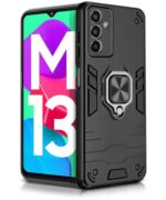 Shockproof Back Case Mobile Cover for Samsung Galaxy M13 4G | F13 4G | Bumper Back Cover (Tough Armor | Hybrid PC + TPU | Full Protection with Ring Holder & in-Built Kickstand | Black)