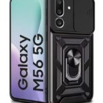 Tough Armor Bumper Mobile Back Case for Samsung Galaxy M56 5G | Galaxy F56 5G | Sliding Camera Cover | Shockproof 360? Protection | Hybrid PC + TPU | Ring Holder with Kickstand ? Black