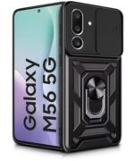 Tough Armor Bumper Mobile Back Case for Samsung Galaxy M56 5G | Galaxy F56 5G | Sliding Camera Cover | Shockproof 360? Protection | Hybrid PC + TPU | Ring Holder with Kickstand ? Black