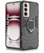 Shock Proof Back Case Mobile Cover for Oppo Reno 12 Pro 5G (Tough Armor | Hybrid PC + TPU | Full Protection with Ring Holder & in-Built Kickstand | Black)