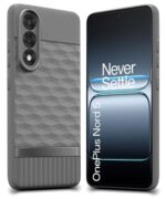 kelpuj Back Cover for 1+ OnePlus Nord 5 with Hexa Cube Design | Ultra Slim Soft Rubberised Case | Inner Velvet Fabric | Matte Silicone Flexible Mobile Case | Camera Protection - Grey