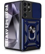 Tough Armor Bumper Mobile Back Case for Samsung Galaxy S24 Ultra 5G | Sliding Camera Shield Cover | Shock Proof 360? Protection | Hybrid PC + TPU | Ring Holder with Kickstand  Blue