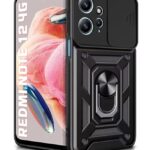 Tough Armor Bumper Mobile Back Case for Redmi Note 12 4G | Sliding Camera Shield Cover | Shock Proof 360? Protection | Hybrid PC + TPU | Ring Holder with Kickstand ? Black