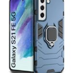 Shock Proof Back Case Mobile Cover for Samsung Galaxy S21 FE 5G | Back Cover Case (Tough Armor | Hybrid PC + TPU | Ring Holder & in-Built Kickstand | Blue)