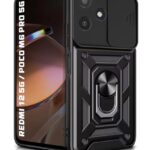 Tough Armor Bumper Mobile Back Case for Mi Redmi 12 5G | Poco M6 Pro 5G | Sliding Camera Shield Cover | Shock Proof 360? Protection | Hybrid PC + TPU | Ring Holder with Kickstand ? Black