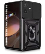 Tough Armor Bumper Mobile Back Case for Mi Redmi 12 5G | Poco M6 Pro 5G | Sliding Camera Shield Cover | Shock Proof 360? Protection | Hybrid PC + TPU | Ring Holder with Kickstand ? Black