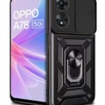 kelpuj Tough Armor Bumper Mobile Back Case for Oppo A78 5G | Sliding Camera Shield Cover | Shock Proof 360? Protection | Hybrid PC + TPU | Ring Holder with Kickstand  Black