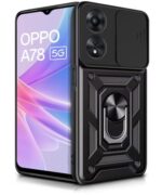 kelpuj Tough Armor Bumper Mobile Back Case for Oppo A78 5G | Sliding Camera Shield Cover | Shock Proof 360? Protection | Hybrid PC + TPU | Ring Holder with Kickstand  Black