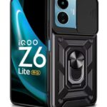 Tough Armor Bumper Mobile Back Case for iQOO Z6 Lite 5G | Sliding Camera Shield Cover | Shock Proof 360? Protection | Hybrid PC + TPU | Ring Holder with Kickstand ? Black