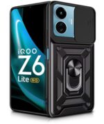 Tough Armor Bumper Mobile Back Case for iQOO Z6 Lite 5G | Sliding Camera Shield Cover | Shock Proof 360? Protection | Hybrid PC + TPU | Ring Holder with Kickstand ? Black