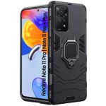 Polycarbonate, Metal Tough Armor Bumper Back Case Cover | Ring Holder & Kickstand in-Built | Excellent 360 Degree Protection for Redmi Note 11 Pro, Note 11 Pro + Plus (Carbon Black)