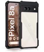 Shock Proof Clear Protective Back Case for Google Pixel 8a - AirEDGE Technology | 360 Degree Camera Protection | Transparent Hybrid Back Case Mobile Cover - Black