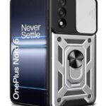 Tough Armor Bumper Mobile Back Case for 1+ OnePlus Nord 5 | Sliding Camera Shield Cover | Shock Proof 360? Protection | Hybrid PC + TPU | Ring Holder with Kickstand ? Silver