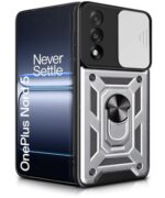 Tough Armor Bumper Mobile Back Case for 1+ OnePlus Nord 5 | Sliding Camera Shield Cover | Shock Proof 360? Protection | Hybrid PC + TPU | Ring Holder with Kickstand ? Silver