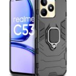 kelpuj Shock Proof Back Case Mobile Cover for Realme Narzo N53 | Realme C53 | Realme C51 | Back Cover Case (Tough Armor | Hybrid PC + TPU | Ring Holder & in-Built Kickstand | Black)