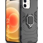 kelpuj Shock Proof Back Case Mobile Cover for Apple iPhone 12 (Armor | Hybrid PC + TPU | Full Protection with Ring Holder Kickstand | Carbon Black)