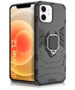 kelpuj Shock Proof Back Case Mobile Cover for Apple iPhone 12 (Armor | Hybrid PC + TPU | Full Protection with Ring Holder Kickstand | Carbon Black)