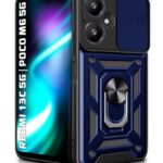 Tough Armor Bumper Mobile Back Case for Mi Redmi 13C 5G | Poco M6 5G | Sliding Camera Shield Cover | Shock Proof 360? Protection | Hybrid PC + TPU | Ring Holder with Kickstand ? Blue
