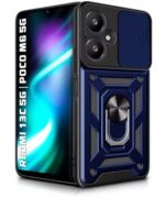 Tough Armor Bumper Mobile Back Case for Mi Redmi 13C 5G | Poco M6 5G | Sliding Camera Shield Cover | Shock Proof 360? Protection | Hybrid PC + TPU | Ring Holder with Kickstand ? Blue