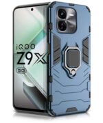 Shock Proof Back Case Mobile Cover for iQOO Z9x 5G (Tough Armor | Hybrid PC + TPU | Full Protection with Ring Holder & in-Built Kickstand | Blue)