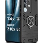 Shock Proof Back Case Mobile Cover for Vivo T4X 5G | IQOO Z10X 5G | Back Cover Case (Tough Armor | Hybrid PC + TPU | Ring Holder & in-Built Kickstand | Black)
