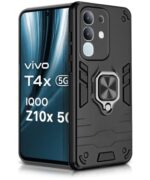 Shock Proof Back Case Mobile Cover for Vivo T4X 5G | IQOO Z10X 5G | Back Cover Case (Tough Armor | Hybrid PC + TPU | Ring Holder & in-Built Kickstand | Black)
