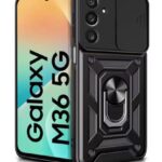 Tough Armor Bumper Mobile Back Case for Samsung Galaxy M36 5G | Galaxy F36 5G Sliding Camera Cover | Shock Proof 360? Protection | Hybrid PC + TPU | Ring Holder with Kickstand ? Black