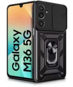 Tough Armor Bumper Mobile Back Case for Samsung Galaxy M36 5G | Galaxy F36 5G Sliding Camera Cover | Shock Proof 360? Protection | Hybrid PC + TPU | Ring Holder with Kickstand ? Black