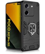 Shock Proof Back Case Mobile Cover for Poco M7 Pro 5G | Back Cover Case (Tough Armor | Hybrid PC + TPU | Ring Holder & in-Built Kickstand | Black)