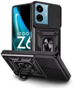 Tough Armor Bumper Mobile Back Case for iQOO Z6 Lite 5G | Sliding Camera Shield Cover | Shock Proof 360? Protection | Hybrid PC + TPU | Ring Holder with Kickstand ? Black - Image 5