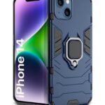 Shock Proof Back Case Mobile Cover for Apple iPhone 14 | Back Cover Case (Tough Armor | Hybrid PC + TPU | Ring Holder & in-Built Kickstand | Blue)