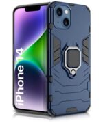 Shock Proof Back Case Mobile Cover for Apple iPhone 14 | Back Cover Case (Tough Armor | Hybrid PC + TPU | Ring Holder & in-Built Kickstand | Blue)
