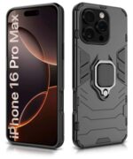 Shock Proof Back Case Mobile Cover for iPhone 16 Pro Max | Back Cover Case (Tough Armor | Hybrid PC + TPU | Ring Holder & in-Built Kickstand | Black) - Image 3