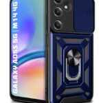 kelpuj Tough Armor Bumper Mobile Back Case for Samsung Galaxy A05S 5G | Galaxy M14 4G | Sliding Camera Shield Cover | Shock Proof 360? Protection | Hybrid PC + TPU | Ring Holder with Stand  Blue