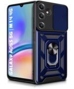 kelpuj Tough Armor Bumper Mobile Back Case for Samsung Galaxy A05S 5G | Galaxy M14 4G | Sliding Camera Shield Cover | Shock Proof 360? Protection | Hybrid PC + TPU | Ring Holder with Stand  Blue