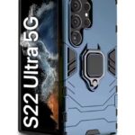 Shock Proof Back Case Mobile Cover for Samsung Galaxy S22 Ultra 5G | Back Cover Case (Tough Armor | Hybrid PC + TPU | Ring Holder & in-Built Kickstand | Blue)