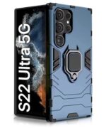 Shock Proof Back Case Mobile Cover for Samsung Galaxy S22 Ultra 5G | Back Cover Case (Tough Armor | Hybrid PC + TPU | Ring Holder & in-Built Kickstand | Blue)