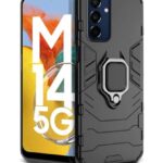 Shock Proof Back Case Mobile Cover for Samsung Galaxy M14 5G | Back Cover Case (Tough Armor | Hybrid PC + TPU | Ring Holder & in-Built Kickstand | Black)