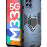 Shock Proof Back Case Mobile Cover for Samsung Galaxy M33 5G | Back Cover Case (Tough Armor | Hybrid PC + TPU | Ring Holder & in-Built Kickstand | Blue)