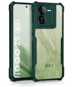 Shock Proof Clear Back Case Mobile Cover for iQOO Z9 5G (Hard | Hybrid PC + TPU | Full Armour Device & Camera Protection | Green)