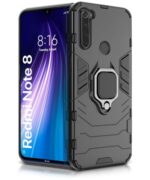 Shock Proof Back Case Mobile Cover for Xiaomi Redmi Note 8 (Armor | Hybrid PC + TPU | Full Protection with Ring Holder Kickstand | Carbon Black)