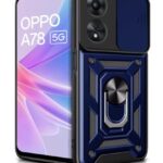 Tough Armor Bumper Mobile Back Case for Oppo A78 5G | Sliding Camera Shield Cover | Shock Proof 360? Protection | Hybrid PC + TPU | Ring Holder with Kickstand ? Blue