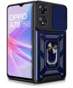 Tough Armor Bumper Mobile Back Case for Oppo A78 5G | Sliding Camera Shield Cover | Shock Proof 360? Protection | Hybrid PC + TPU | Ring Holder with Kickstand ? Blue