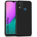 kelpuj Back Cover for Infinix Hot 10 Play | Ultra Slim Soft Rubberised Case | Inner Velvet Fabric Lining | Matte Silicone Flexible Mobile Case | Camera Protection - Black
